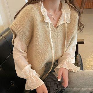 Long Sleeve V-neck Blouse / Plain Vest