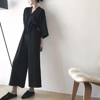 Plain 3/4 Sleeve Wide Leg Jumpsuit