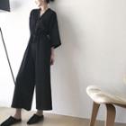 Plain 3/4 Sleeve Wide Leg Jumpsuit