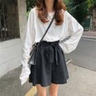 Plain Long-sleeve Loose-fit T-shirt / Plain High-waist Shorts
