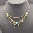 Faux Crystal Layered Alloy Necklace 1pc - Gold & Green & Blue - One Size