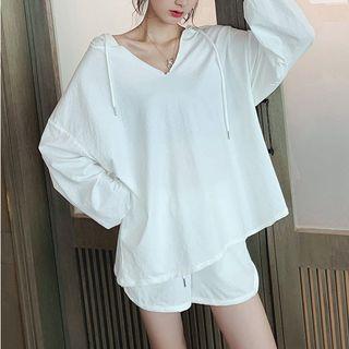 Long-sleeve Plain Hoodie + High-waist Drawstring Shorts