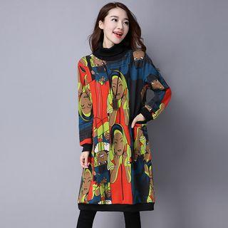 Turtleneck Long-sleeve Printed Dress
