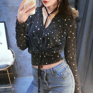 Long-sleeve Star Print Crop Mesh Top