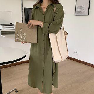 Long-sleeve Plain Lapel Long Shirt