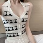 Polo-neck Heart Print Sleeveless Knit Top Black & White - One Size