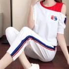 Set: Embroidered Cold Shoulder Elbow-sleeve Top + Contrast Trim Cropped Sweatpants
