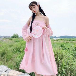 Set: Spaghetti-strap Embroidered A-line Dress + Light Jacket