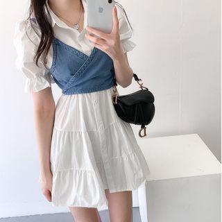 Set: Puff-sleeve Shirtdress + Denim Camisole Top