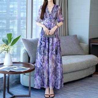 Short-sleeve  Printed Maxi A-line Dress
