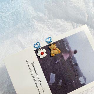 Bear & Flower Asymmetrical Alloy Dangle Earring 03 - 1 Pair - Flower - & Bear - Coffee & White - One Size