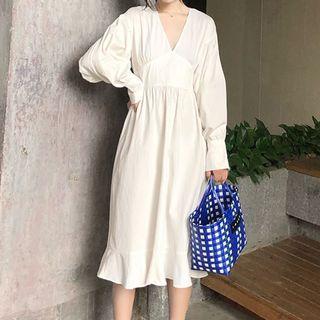 V-neck Long-sleeve A-line Dress White - One Size