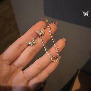 Non-matching Rhinestone Butterfly Chained Earring 1 Pc - Earring - Silver - One Size