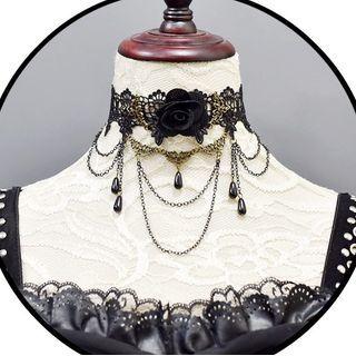 Chained Faux Crystal Lace Choker Black - One Size