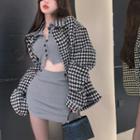 Open Tie-bak Skinny Crop Shirt / High-waist Mini Skirt / Argyle Loose Shacket