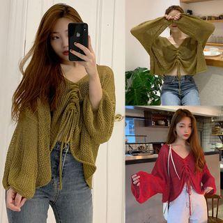 Drawstring Puff-sleeve Knit Top