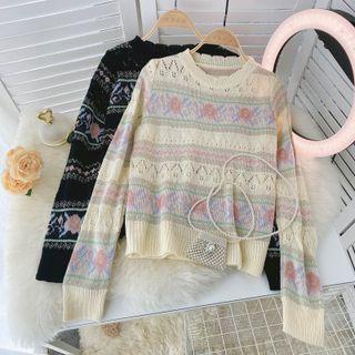 Round-neck Long-sleeve Pointelle-knit Top