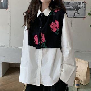 Plain Shirt / Floral Cropped Sweater Vest