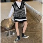 Long-sleeve Printed T-shirt / Striped Knit Vest / Wide-leg Shorts