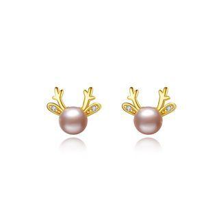 Sterling Silver Plated Gold Simple And Delicate Deer Purple Freshwater Pearl Stud Earrings With Cubic Zirconia Golden - One Size