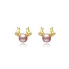 Sterling Silver Plated Gold Simple And Delicate Deer Purple Freshwater Pearl Stud Earrings With Cubic Zirconia Golden - One Size
