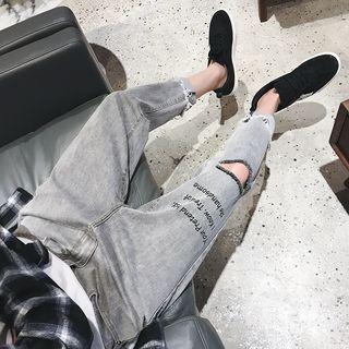 Letter Embroidered Ripped Straight Fit Jeans