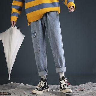 Pocketed Patched Wide-leg Jeans