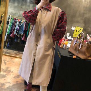 Plaid Panel Single-breasted Trench Coat As Shown In Figure - One Size