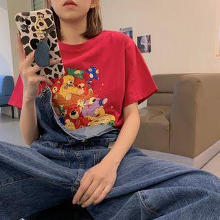 Short-sleeve Bear Print T-shirt Red - One Size
