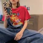 Short-sleeve Bear Print T-shirt Red - One Size