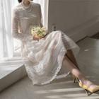 Scallop-edge Long Lace Dress Light Beige - One Size