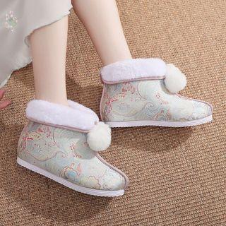 Pom Pom Embroidered Hidden-edge Hanfu Short Boots