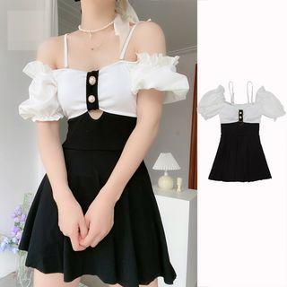 Puff Sleeve Off-shoulder Two Tone Swimdress