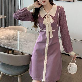 Collared Ribbon Mini A-line Knit Dress