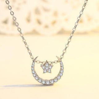 Moon & Star Rhinestone Pendant Sterling Silver Necklace Necklace - Silver - One Size