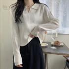 Long-sleeve Open Collar Ribbed Knit Top
