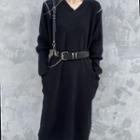 Midi A-line Knit Dress Without Belt - Black - One Size
