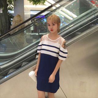 Striped Mesh Panel Cut Out Shoulder Elbow Sleeve Dress