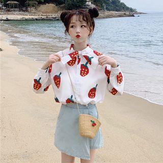 Ribbon-neckline Strawberry-print Shirt