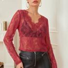 V-neck Sheer Lace Cropped Top