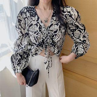 Puff-sleeve Ruched Front Print Crop Top Black - One Size