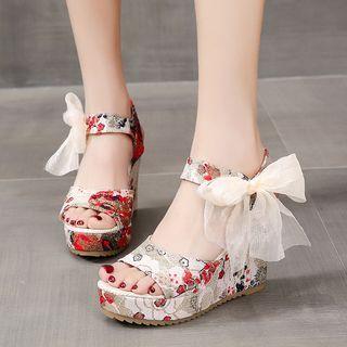 Floral Print Platform Wedge Heel Sandals