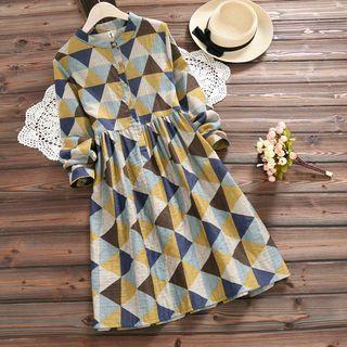 Long-sleeve Stand Collar Geometric Print A-line Dress