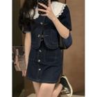 Short-sleeve Lace Panel Denim Jacket / Button-up Mini Pencil Skirt