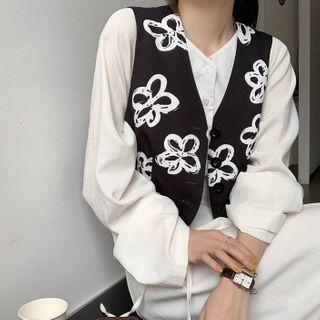 Drawstring Long-sleeve Midi A-line Dress / Flower Print Vest