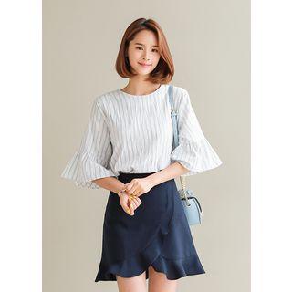 3/4-sleeve Ruffle-cuff Striped Top