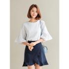 3/4-sleeve Ruffle-cuff Striped Top