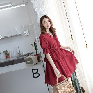 Elbow-sleeve Lace Trim Layered A-line Dress Red - One Size