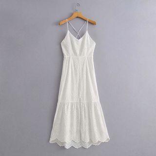 Spaghetti Strap Midi A-line Eyelet Lace Dress