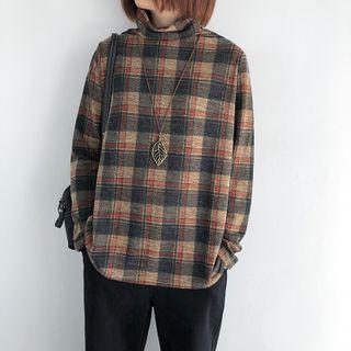 Turtleneck Plaid Long-sleeve T-shirt